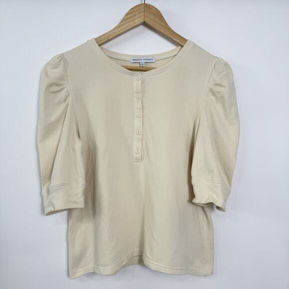 Rebecca Minkoff Janine Knit Henley Top Womens Size L Cream Puff Shoulders Cotton - Picture 1 of 6